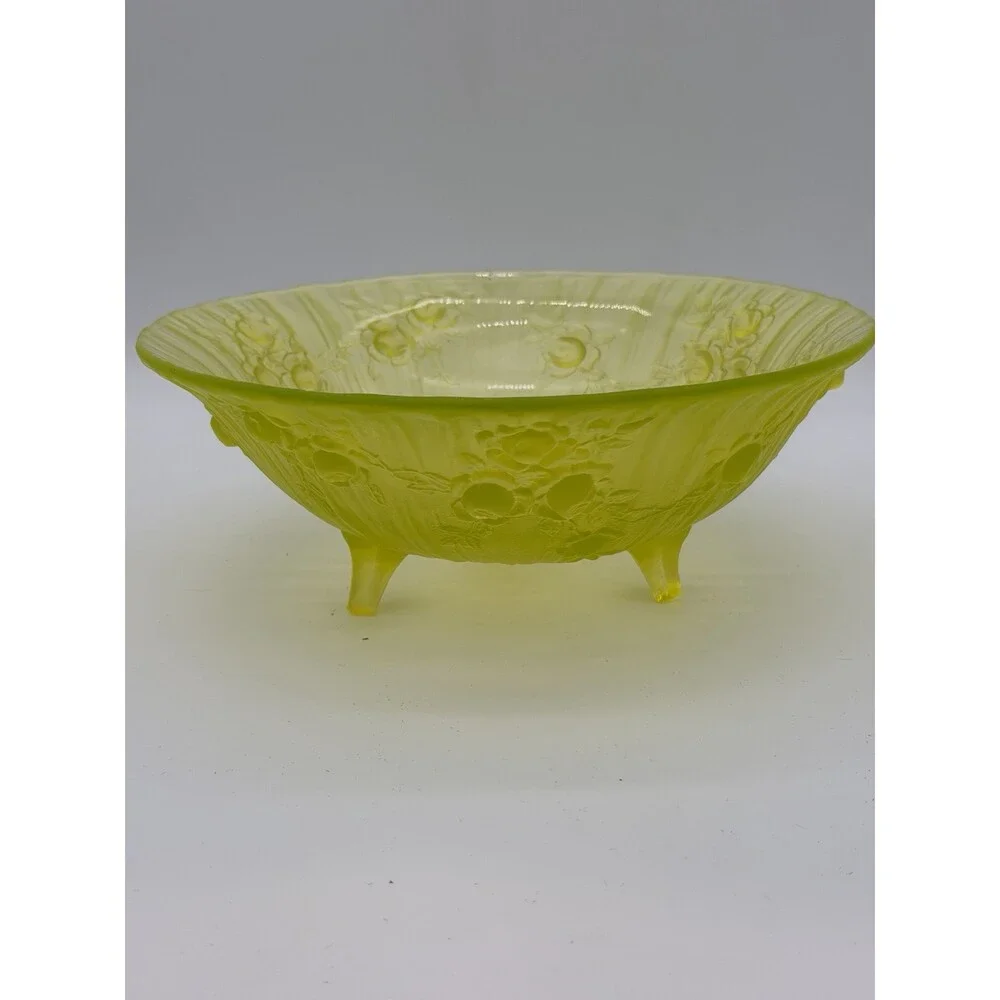 Tiffin Art Glass Vaseline Uranium Satin Roses Bowl 1920 MCM Round Green See Pics